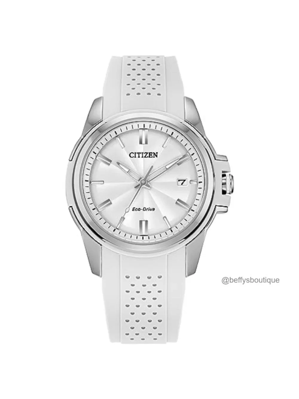 Lady's Stainless Steel Eco-Drive Watch with White Rubber Strap